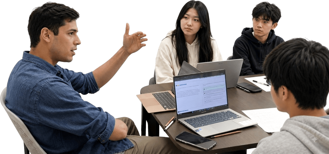 An instructor talking through a practice test with three students
